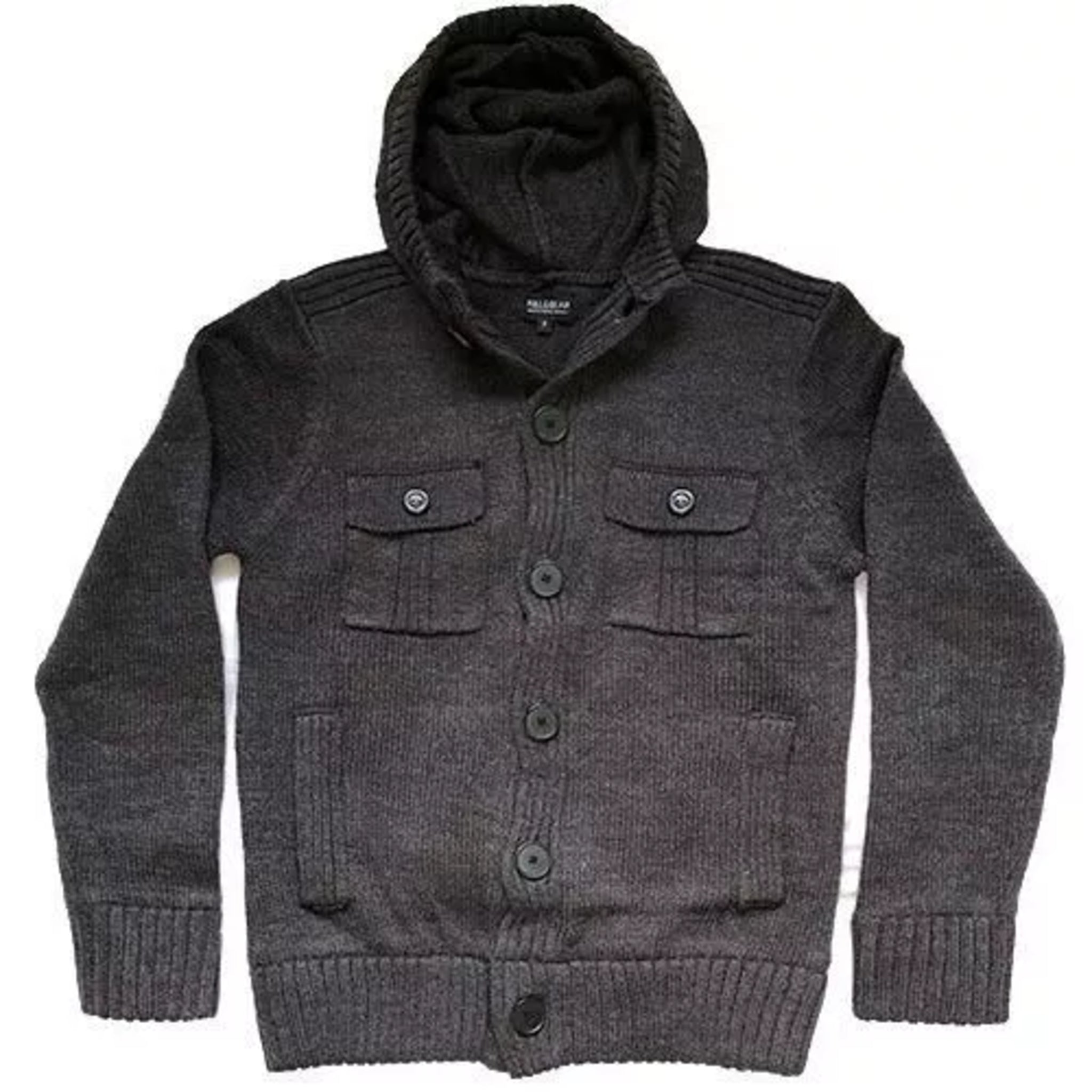 Men's Pull & Bear branded dark grey knitted cardigan with hood, button front and chest pockets